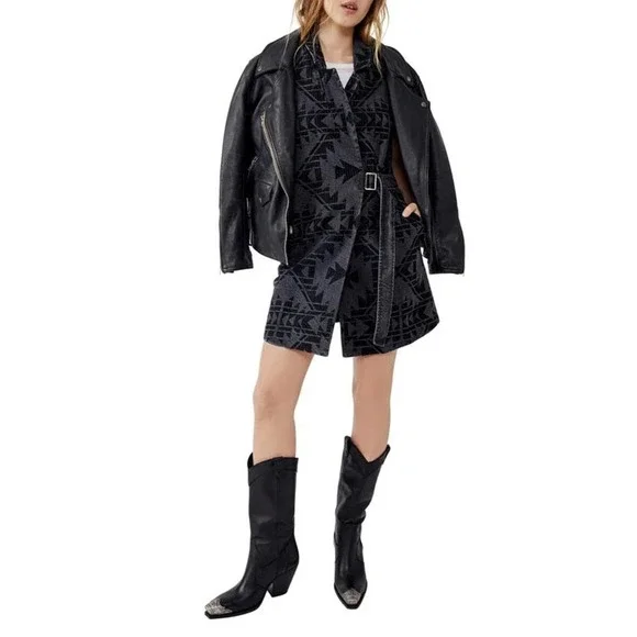 Free People Longline Denim Vest Womens XS Gray Aztec Belted Boho Southwestern - Picture 13 of 16